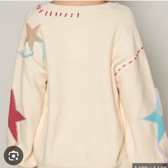 POL Patchwork Star Sweater - Beige V Neck Thick Knit Size Medium - Picture 11 of 12